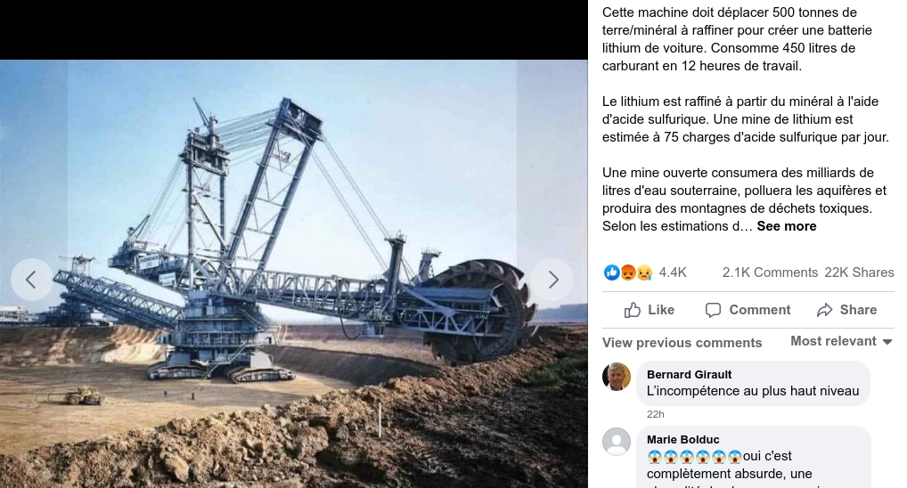 misleading post shows an electric excavator used for lignite, not lithium